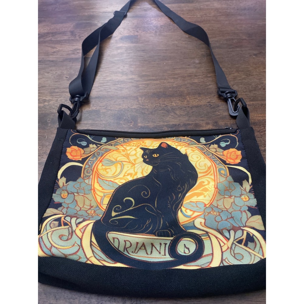 Oriani Black Cat Art Nouveau Canvas Crossbody Bag Black Zipper Pouch Adjustable
